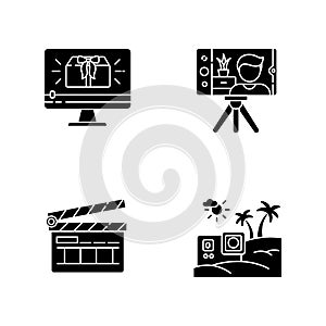 Filmmaking and Internet blogging black glyph icons set on white space