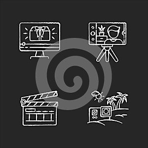 Filmmaking and Internet blogging chalk white icons set on black background