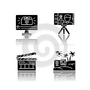 Filmmaking and Internet blogging drop shadow black glyph icons set