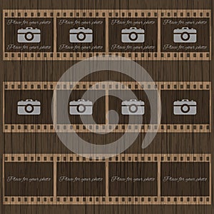 Filmstrip template with photo camera on wooden background