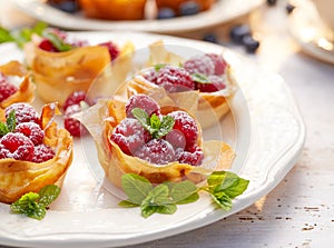 Filo cups with Mascarpone filling topped with raspberries , delicious dessert