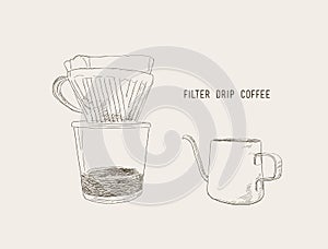 Filter drip coffee, sketch vector.