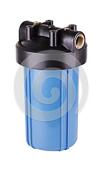 Filter flask blue, plastic for water purification. Isolated white background. To improve water quality from water