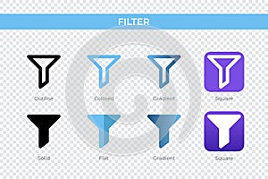 filter icon in different style. filter vector icons designed in outline, solid, colored, gradient, and flat style. Symbol, logo