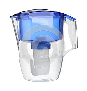 Filter jug with purified water isolated on white