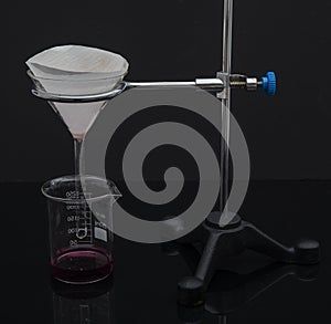 Filter paper in laboratory. Scientists are chemical filtration by filtering through filter paper in a glass funnel, Close up