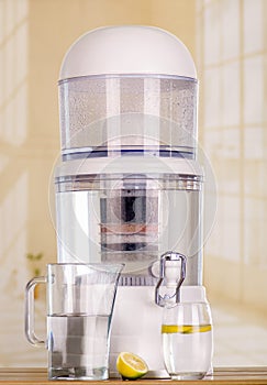 Filter system of water purifier on a kitchen background