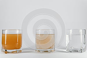 Filter system for water treatment with glasses of clean and dirty water on bright background