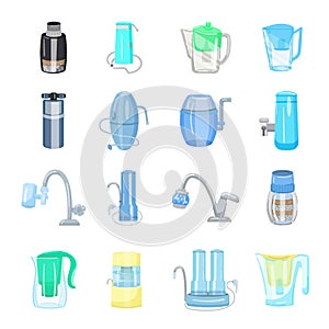 Filter water icons set cartoon vector. System filter