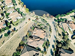 Filtered image aerial view new lakeside suburban house with bright autumn orange color near Dallas