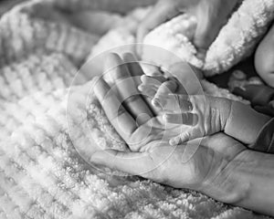 Filtered image of tiny baby hand in her mother palm for love and protection concept