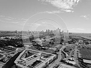 Filtered image top view Dallas Downtown from Trinity Groves with cloud blue sky