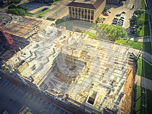 Filtered tone top view wooden commercial building under construc