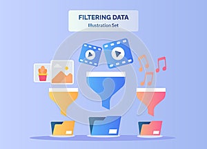 Filtering data illustration set picture video music on funnel to save file folder with flat color style.