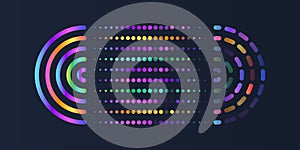 Filtering machine algorithms. Data stream in the form of an array of circles and binary code. Vector database background. Neon