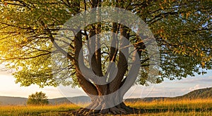 Filters through a large multi trunked tree situated in an open