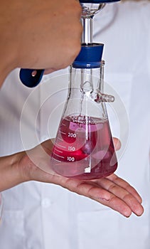 Filtrated clear permanganate solution in flask