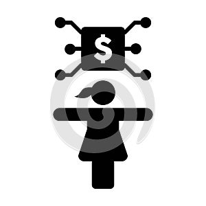 Finace icon vector digital dollar currency with female person for digital wallet in a glyph pictogram