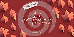 Final sale poster with autumn leaves texture side by side and promo copy inside the composition with discount offer, dark red