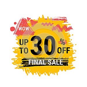 Final sale yellow tag. concept of price list for discounts, of advertising campaign, advertising marketing sales, 30 off