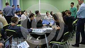 Final testing at the university. Students break before the exam. They are prepared and view presentations and charts on