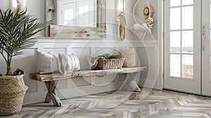 Finally the entryway of the beach house showcases a stunning LVT flooring in a herringbone pattern. The walls are