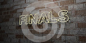 FINALS - Glowing Neon Sign on stonework wall - 3D rendered royalty free stock illustration photo