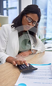 Finance, accountant and black woman with calculator and document while confused or stress with financial report
