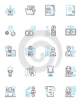 Finance and accounting linear icons set. Budgeting, Taxes, Auditing, Payroll, Investments, Assets, Liabilities line