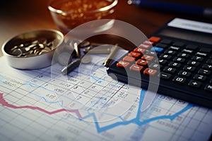 Finance analysis closeup of calculator, magnifying glass, and line graph