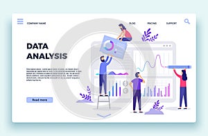 Finance analyst landing page. Stock market forecasting, stocks statistic and business trends forecast flat vector illustration