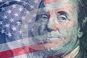 Finance background. Combined image of Benjamin Franklin, United States of America flag and George Washington portraits on the US