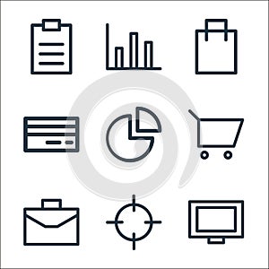 finance bank line icons. linear set. quality vector line set such as television, target, briefcase, cart, chart, cit card, package