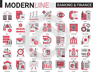 Finance and banking complex flat line red black icons vector illustration set. Creative website financial outline