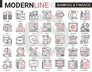 Finance and banking complex red black line icons vector illustration set. Creative website financial outline symbols of