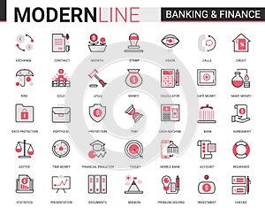 Finance and banking flat thin red black line icons vector illustration set creative website financial outline symbols of digital