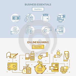 Finance banking icons horizontal banners. the network of cash handling, connections and actions with money