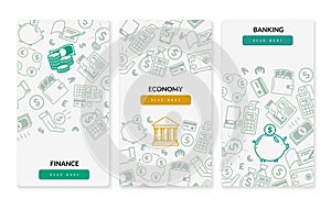 Finance banking icons vertical banners. Three vertical banners on white background