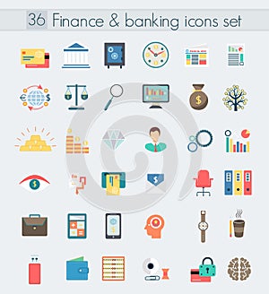 Finance banking modern design flat icons set. Money and business management symbol objects. Web elements