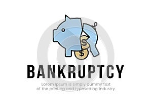 Finance. Bankruptcy. Broken piggy bank logo with dollar coins, lettering bankruptcy. Vector illustration.