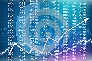 Finance blue background with numbers, diagram, arrow, charts. Financial market and investment concept