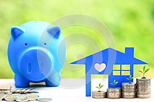 Finance,Blue house model and tack of coins money with blue piggy on natural green background, Investment business and Banking