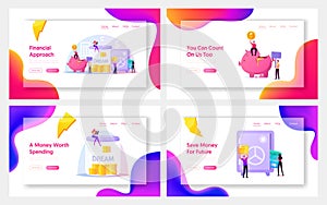 Finance Budget Landing Page Template Set. Tiny People Saving and Collect Money into Huge Piggy Bank, Safe and Glass Jar