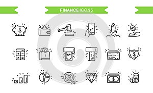 Finance, business icons set isolated. Line art. Editable. Signs and symbols. Modern simple style. Phone, piggy bank, money, start