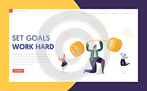 Finance Capital Increase Character Landing Page. Businessman Lift Up Barbell with Money Coin Investment Goal Achievement