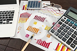 Finance chart with laptop pen and calculator for financial analyst