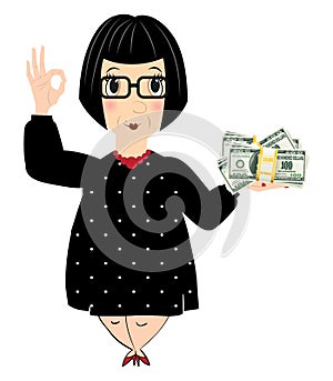 Finance Concept. Cartoon of an old lady holding money on white background