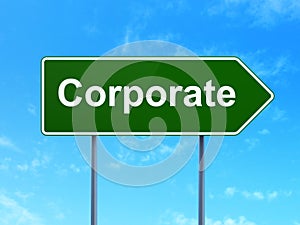 Finance concept: Corporate on road sign background