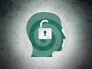 Finance concept: Head With Padlock on Digital Data Paper background
