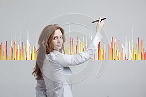 Finance data concept. Woman working with Analytics. Chart graph information on digital screen.